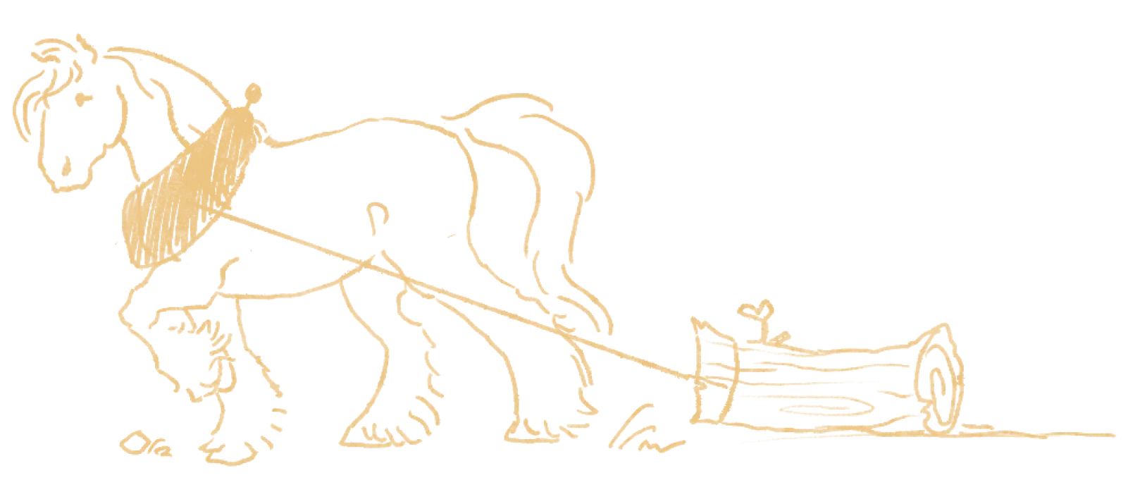 A sketch drawing of a horse dragging a log